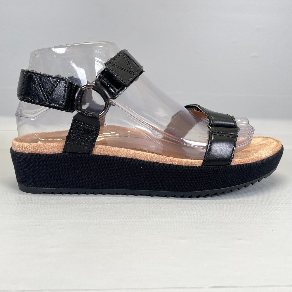 Vionic Kayan Sandals Womens Size 7 Black Leather Adjustable Strappy Wedge Shoes
